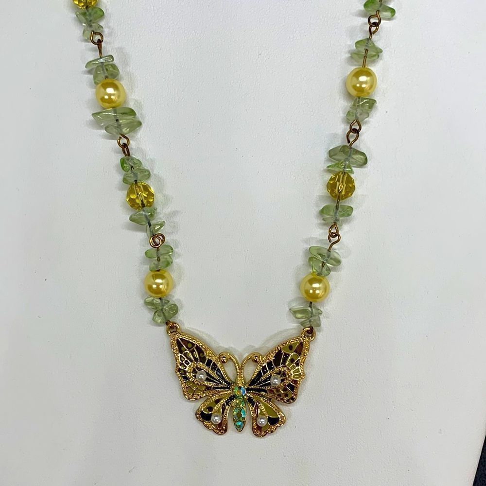 Green Crystals Deco Butterfly Necklace